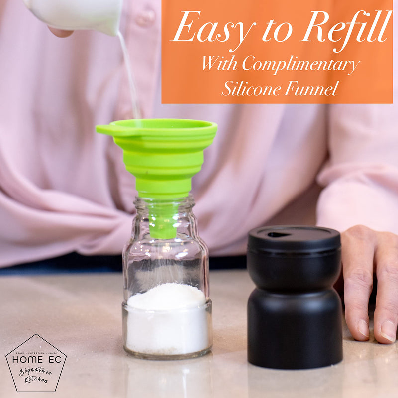 [Australia - AusPower] - HOME EC Glass Salt and Pepper Shakers Set with Adjustable Pour Holes - Stainless Steel Salt Shaker and Pepper Shaker - Farmhouse Salt and Pepper Shaker Set for Himalayan, Kosher Sea Salts & Spices Black 