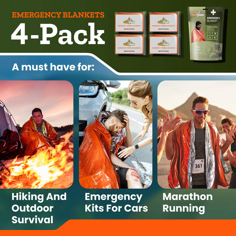 [Australia - AusPower] - Emergency Blankets (4-Pack) – Mylar Survival Space Blankets Preserve up to 90% of Body Heat - emergency thermal blanket, Multipurpose, Durable Solar Foil Blanket Bundle by NeedIndeed, 83"x52" In. 