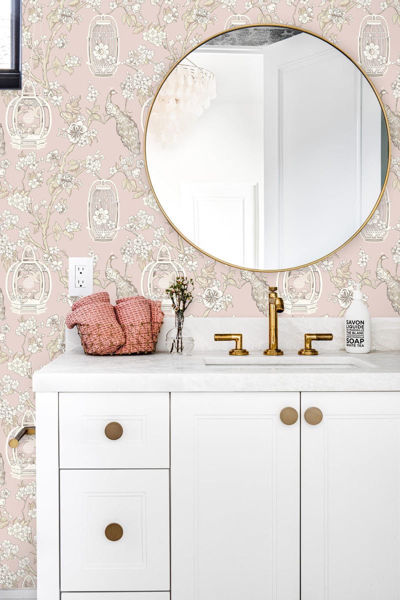 [Australia - AusPower] - Feisoon Pink Wallpaper Brown Bird Contact Paper Flower Peel and Stick Wallpaper Self Adhesive Wallpaper Birdcage Wallpaper Waterproof Removable Wallpaper for Cabinet Bedroom Laundry Decor 16.14â€x78.7 16.14"x78.7" 