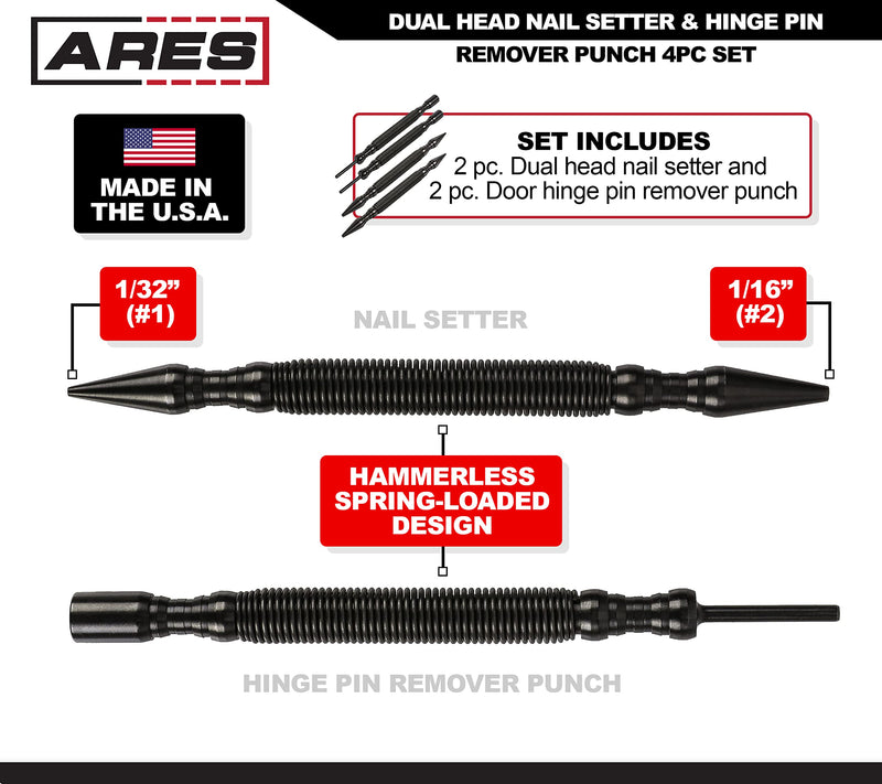 [Australia - AusPower] - ARES 10046-2-Pack 2-Piece Dual Head Nail Setter & Hinge Pin Remover Punch Set - Nail Setters Feature 1/32-Inch (#1) and 1/16-Inch (#2) Dual Head Design - 5000 PSI Striking Force 2-Pack Nail Setter and Hinge Pin Punch Set 