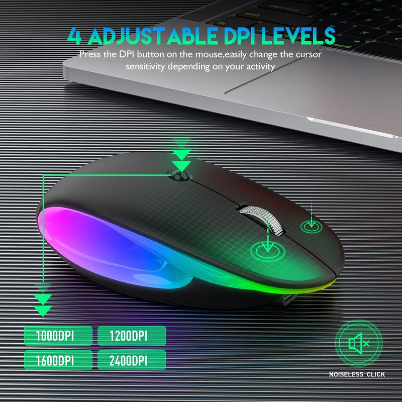 [Australia - AusPower] - Dancesoul LED Rechargeable Wireless Mouse, 2.4G Noiseless Mouse with USB Receiver and RGB Light,Portable Computer Mice for PC, Tablet, Laptop-Black Mouse 