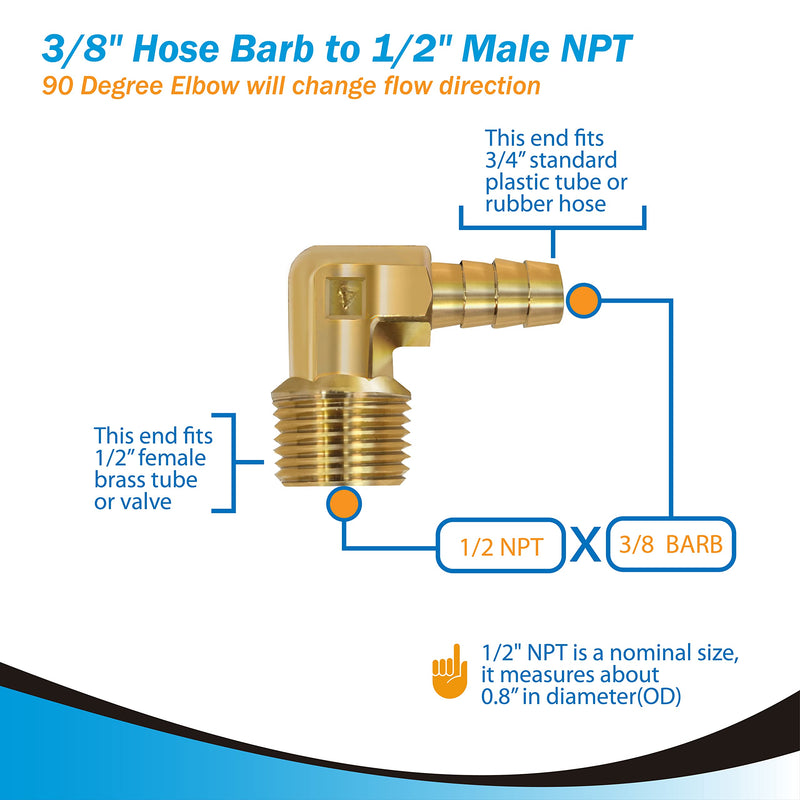 [Australia - AusPower] - LoboJack 3/8inch Hose Barb to 1/2inch Male NPT 90 Degree Elbow, Brass Hose ID to Pipe Threaded, L Right Angle Fitting Fuel/Air/Water/Gas/Oil WOG (2 Pack) 129-6d 