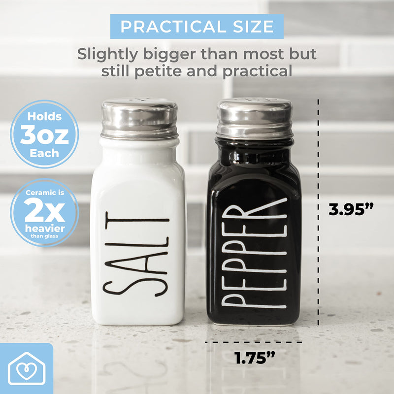 [Australia - AusPower] - Farmhouse Ceramic Salt and Pepper Shakers Set with Extra Lids. 100% Stoneware Salt and Pepper Shaker Set. Black Pepper and White Salt Shaker with Lid x4. Kitchen Salt Pepper Shakers by Heartland Home White/Black 