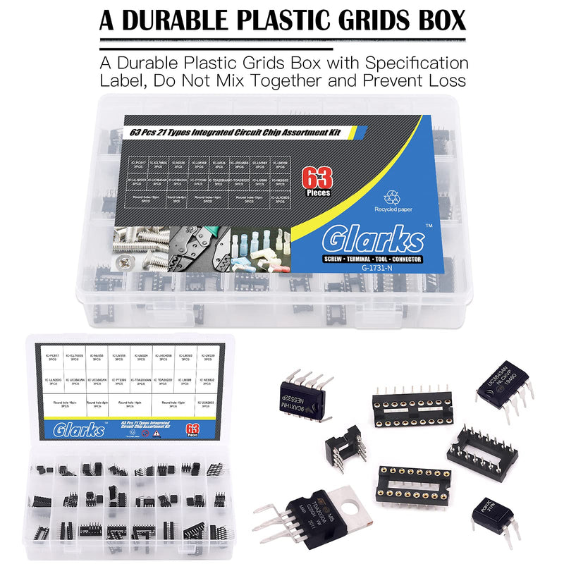 [Australia - AusPower] - Glarks 63Pcs IC Chip Assortment Include LM358, LM324, LM386, JRC4558, ICL7660, LM393, LM339, NE5532, NE555, PC817, TDA2030, TDA2822, PT2399, UC3842, UC3843, ULN2003, ULN2803 and 8/14/16/18 Pin DIP IC 