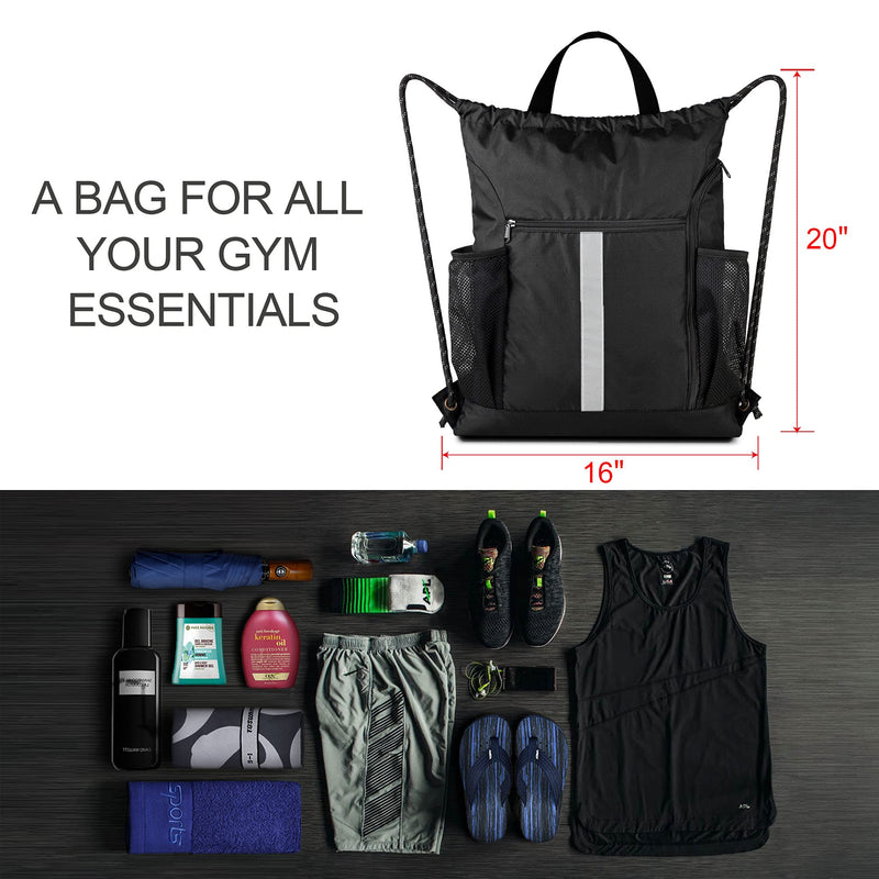 [Australia - AusPower] - Drawstring Backpack Sports Gym Bag With Shoe Compartment and Two Water Bottle Holder Black 16" x 19.5" 