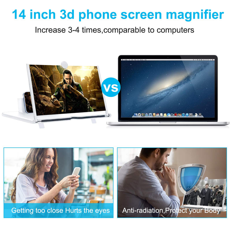 [Australia - AusPower] - 14” Phone Screen Magnifier,3D HD Screen Projector with Foldable Stand Holder,Cellphone Screen Amplifier for Movies,Videos,Gaming and Readings,Compatible with All Phones (White) White 