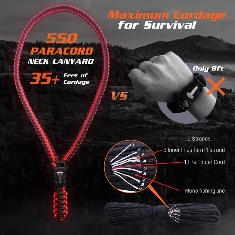 [Australia - AusPower] - Pro Hiking Compass Survival Gear and Equipment – Waterproof, Glow-in-the-Dark with Mirror Sighting – Neck Lanyard with 35-Ft Paracord Rope, Fire Starter Survival Tool, Whistle, Fishing Line 