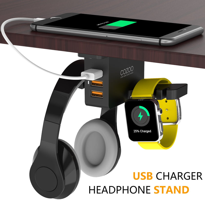 [Australia - AusPower] - Headphone Stand with USB Charger COZOO Under Desk Headset Holder Mount with 3 Port USB Charging Station and iWatch Stand Smart Watch Charging Dock Dual Earphone Hanger Hook,UL Tested Black 