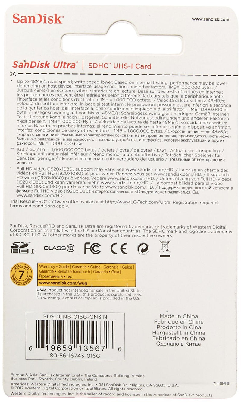 [Australia - AusPower] - SanDisk Ultra 16GB SD SDHC Memory Flash Card UHS-I Class 10 Read Speed up to 48MB/s 320X SDSDUNB-016G-GN3IN Wholesale Lot 
