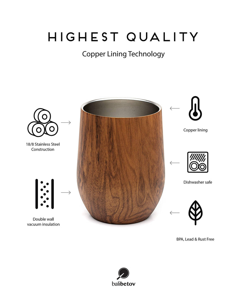 [Australia - AusPower] - BALIBETOV Modern Mate Cup And Bombilla Set (Yerba Mate Cup) -Yerba Mate Set includes Double Walled 18/8 Stainless Steel Mate Tea Cup, Two Bombilla Mate (Straw) and a Cleaning Brush (Wood, 12) Wood 12.0 ounces 