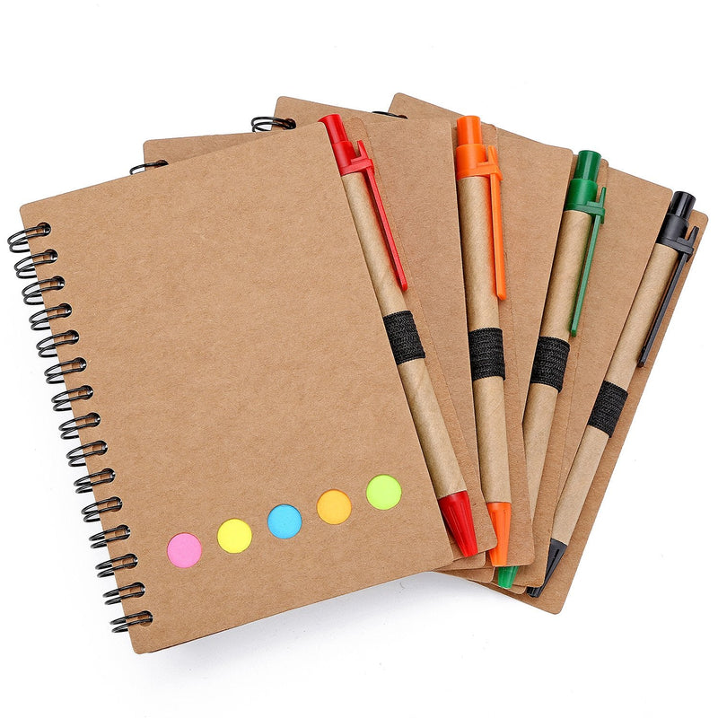 [Australia - AusPower] - 4 Packs Lined Spiral Notebook Kraft Paper Cover Notepad with Pen In Holder, Sticky Notes and Page Marker Colored Index Tabs, Steno Pocket Business Notebook(Brown, Medium) Brown 