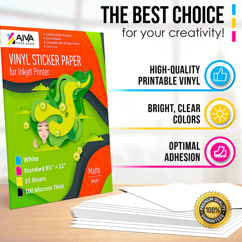 [Australia - AusPower] - Printable Vinyl Sticker Paper for Inkjet Printer - Matte White - 15 Self-Adhesive Sheets - Waterproof Decal Paper - Standard Letter Size 8.5"x11" 1. Matte 15 Sheets 