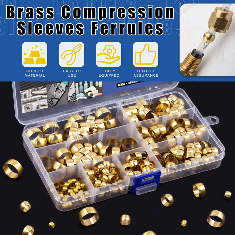 [Australia - AusPower] - Glarks 220Pcs Brass Compression Sleeves Ferrules, Tube OD 4mm 6mm 8mm 10mm 12mm 13mm 14mm 16mm Brass Compression Fitting Assortment Kit 