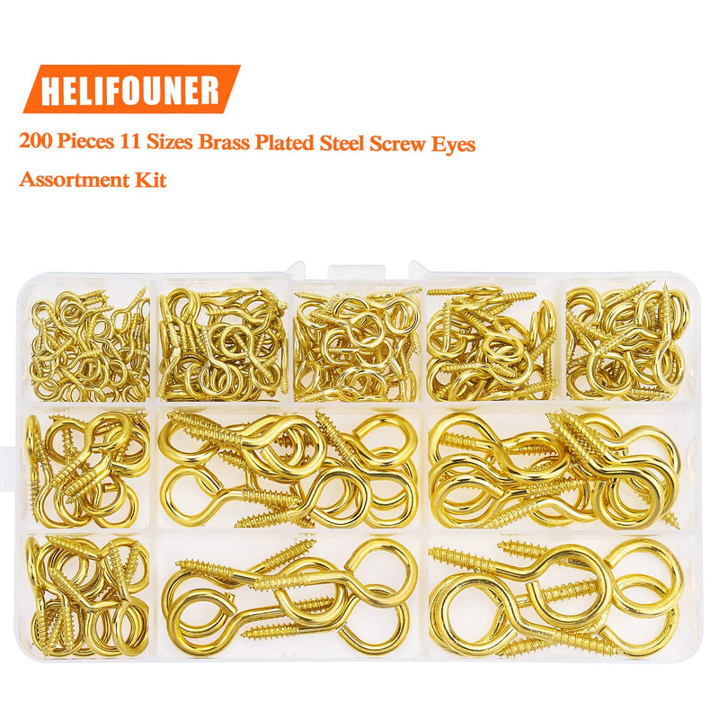 [Australia - AusPower] - HELIFOUNER 200 Pieces 11 Sizes Brass Plated Steel Screw Eyes Assortment Kit 
