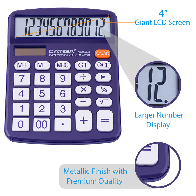 [Australia - AusPower] - Desktop Calculator 12 Digit with Large LCD Display and Sensitive Button, Solar and Battery Dual Power, Standard Function for Office, Home, School, CD-2786 (Purple) Purple 