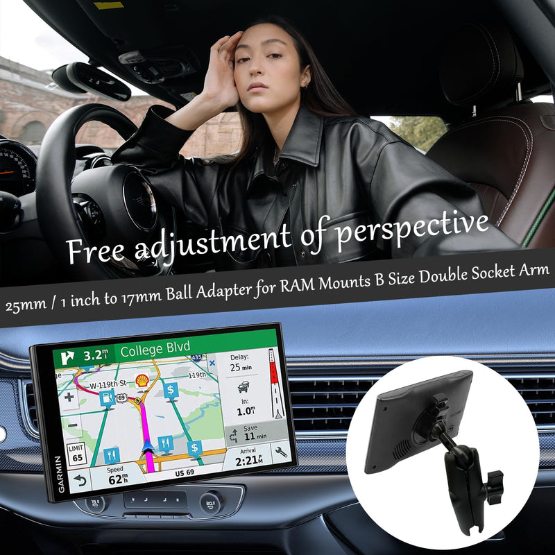 [Australia - AusPower] - 25mm / 1 inch to 17mm Ball Adapter for RAM Mounts B Size Double Socket Arm, Garmin 17mm Swivel Ball Mounting Pattern GPS Mount (Double Socket Arm: Long 3.75") 