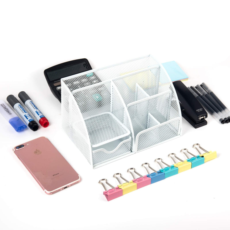 [Australia - AusPower] - VANRA Office Supply Caddy Metal Mesh Desktop Supplies Organizer School Supply Holder Stuff Storage Organizer 6 Compartments with Drawer (White) White 