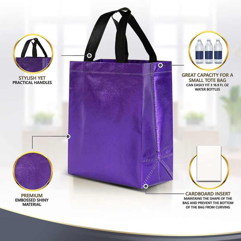 [Australia - AusPower] - 12 Purple Gift Bags Set, Non-woven Reusable Shiny Purple Small Gift Bags With Glossy Finish - Ideal As Birthday Bag, Favor Bags, Goodie bags for Wedding, Party, Christmas -8x4x10 Small- Medium Size Purple - Medium Size 