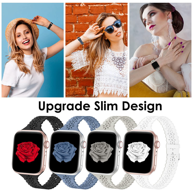 [Australia - AusPower] - [Bandiction 4 Pack] Lace Silicone Bands Compatible with Apple Watch Band 38mm 40mm 42mm 44mm,Women Slim Thin Hollow-out iWatch Sport Wristband with Classic Clasp for iWatch Series SE 7 6 5 4 3 2 1 Black/White/Stone/Alaskan Blue 38mm/40mm/41mm 