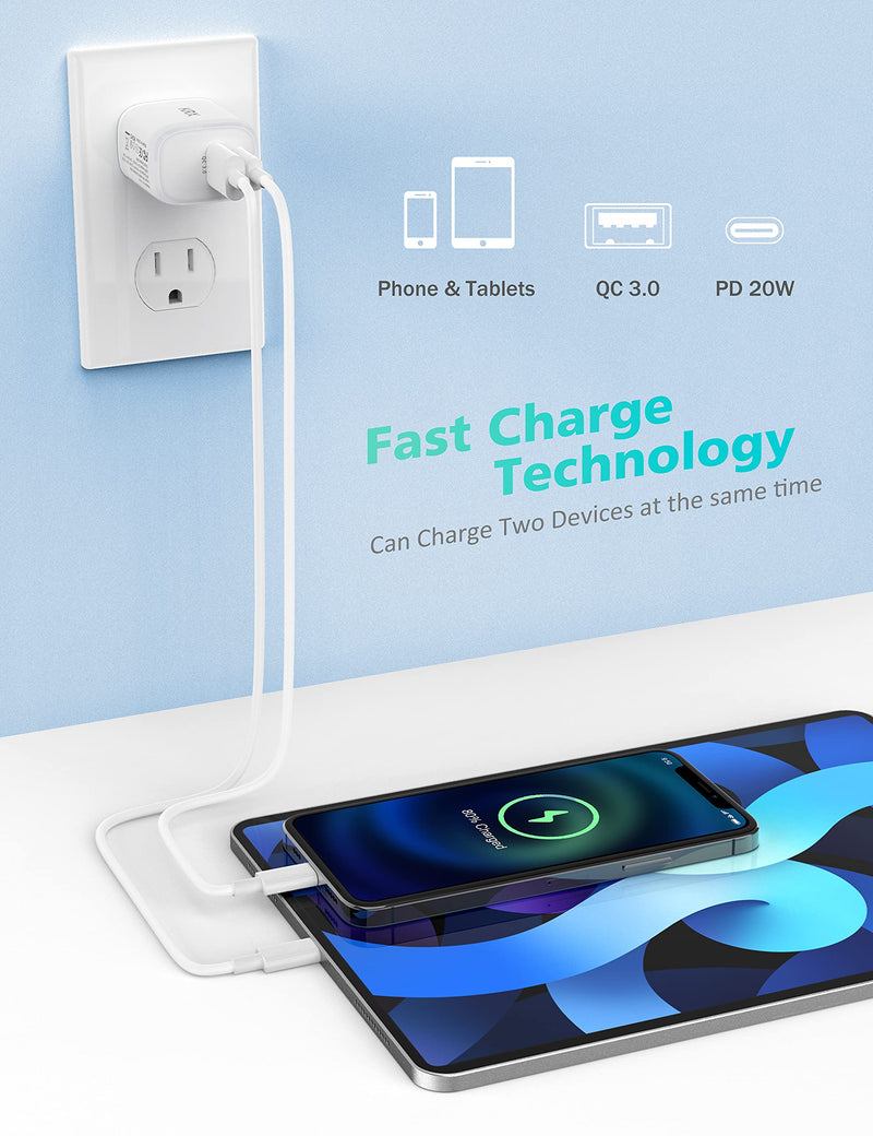[Australia - AusPower] - USB-C-Wall-Charger, Fast-Charger for iPhone-13, 12, KRX Upgraded Dual Ports Compact Fast Charger Adapter, Portable Travel Home USB Plug Cube with PD 20W and QC 3.0 for Android Phones, Tablet, Laptop 