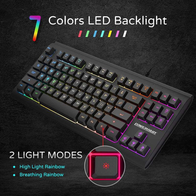 [Australia - AusPower] - Rainbow LED Backlit 87 Keys Gaming Keyboard, Compact Keyboard with 12 Multimedia Shortcut Keys USB Wired Keyboard for PC Gamers Office 