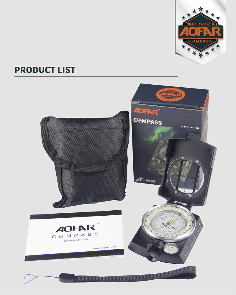 [Australia - AusPower] - AOFAR Military Compass,AF-4580 Lensatic Sighting, Waterproof and Shakeproof with Map Measurer Distance Calculator, Pouch for Camping, Hiking 