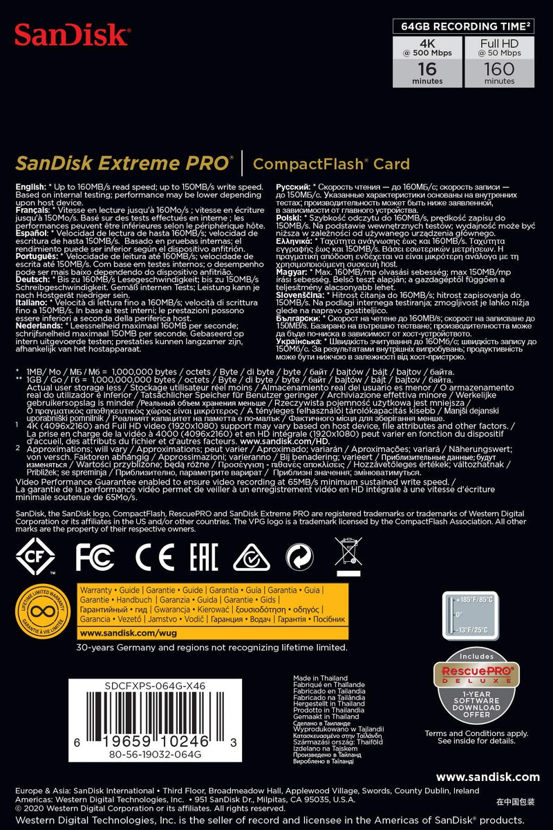 [Australia - AusPower] - SanDisk 64GB Extreme PRO Compact Flash Memory Card UDMA 7 Speed Up To 160MB/s - SDCFXPS-064G-X46 