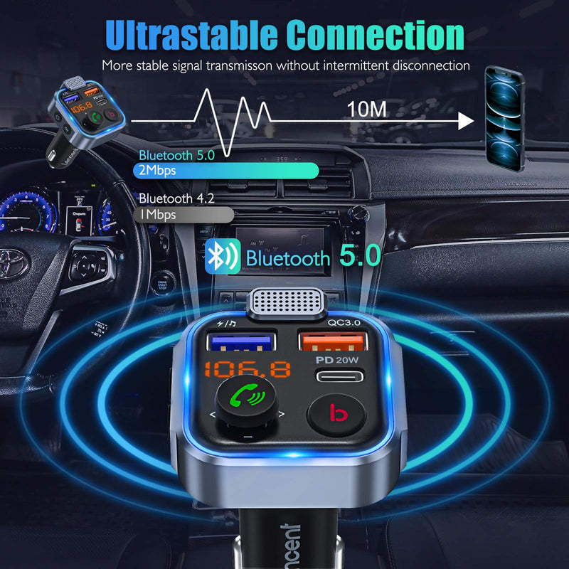 [Australia - AusPower] - [2022 Version] LENCENT FM Transmitter in-Car Adapter, Wireless Bluetooth 5.0 Radio Car Kit,Type-C PD 20W+ QC3.0 Fast USB Charger,Hands Free Calling, Mp3 Player Receiver Hi Fi Bass Support U Disk 
