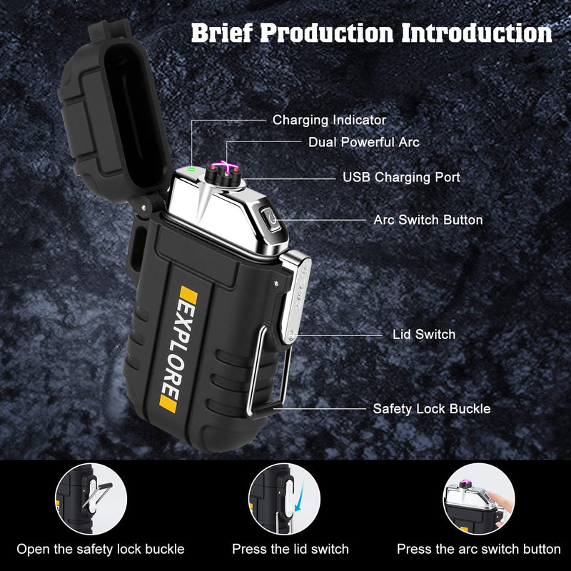 [Australia - AusPower] - Lighter,USB Rechargeable Lighter,Windproof Arc Lighter Waterproof,Flameless Electric Lighter,Dual Arc Plasma Lighter with Emergency Whistle for Outdoor Adventure,Survival Tactical,Camping Gadgets Black 