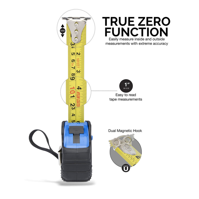 [Australia - AusPower] - NEIKO 01596A Tape Measure 16' (5M) Maximum Length | SAE/Metric Dual-Side Markings | 1" Nylon Coated Steel Blade | True Zero Dual Magnetic Hooks | Impact Resistant ABS Housing 