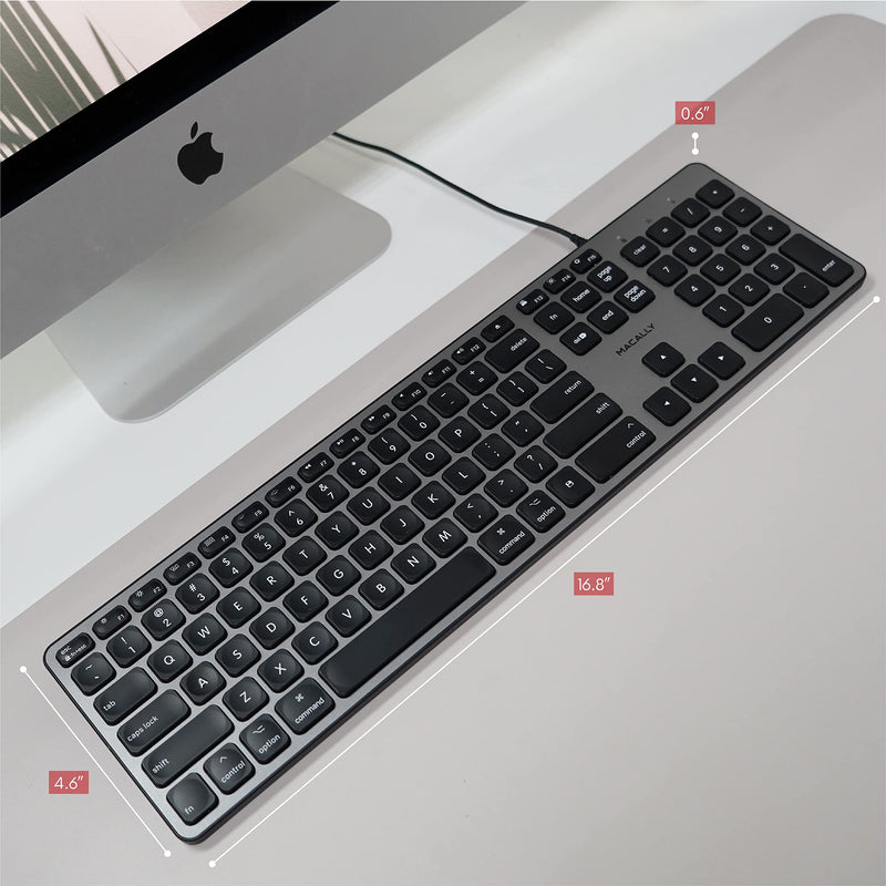 [Australia - AusPower] - Macally Backlit Mac Keyboard Wired - Quiet, Sleek, and Functional - 3 Brightness Levels, 107 Keys - 5ft USB Wired Apple Keyboard - Backlit Wired Keyboard for Mac, iMac, MacBook Pro/Air - Space Gray 
