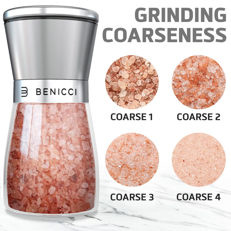 [Australia - AusPower] - Beautiful Stainless Steel Salt & Pepper Grinders Refillable Set - Two 5 oz Salt / Spice Shakers with Adjustable Coarse Mills - Easy Clean Ceramic Grinders with BONUS Wooden Spoon and Cleaning Brush 