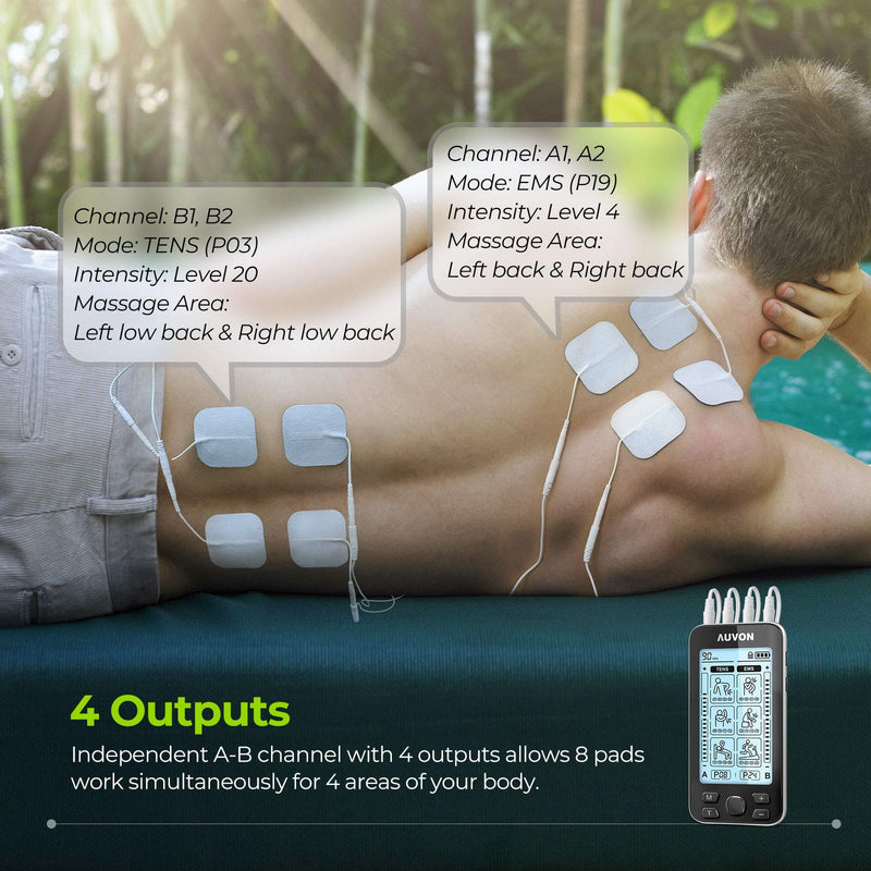 [Australia - AusPower] - AUVON 4 Outputs TENS Unit EMS Muscle Stimulator Machine for Pain Relief Therapy with 24 Modes Electric Pulse Massager, 2" and 2"x4" Electrodes Pads (Black) A-black 