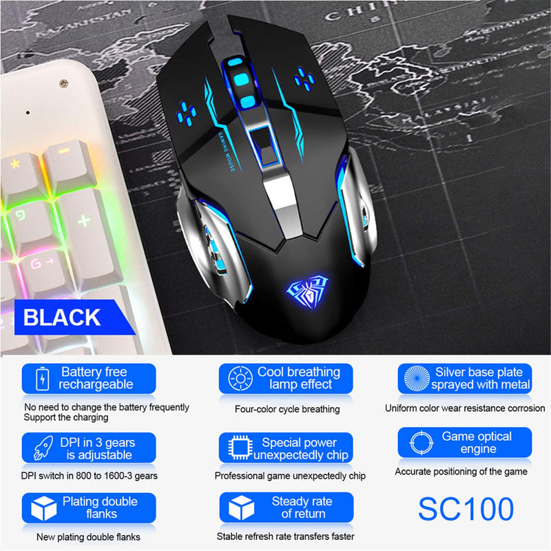[Australia - AusPower] - AULA SC100 LED Gaming Mouse Wireless, with Side Buttons, USB Receiver, 2.4G Cordless Programmable Rechargeable Office/Games Computer Mice, Black 