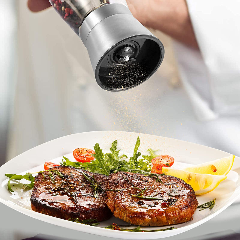 [Australia - AusPower] - Herda 2 Pack Refillable Salt and Pepper Grinders Set - Pepper Mill with Stainless Steel Head- Short Glass Shakers with Adjustable Coarseness for Sea Salt, Black Peppercorn, Spices 6oz 
