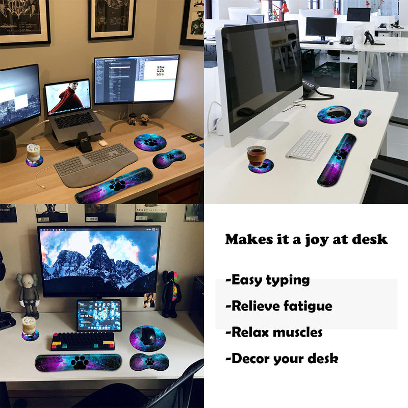 [Australia - AusPower] - Mouse Pad Wrist Support Keyboard Wrist Rest Combo+Cup Coaster [4-in-1] , Easy Typing Pain Relief, Memory Foam Gel Elbow Cushion Mousepad Set for Computer Laptop Office Home - Paw Galaxy 