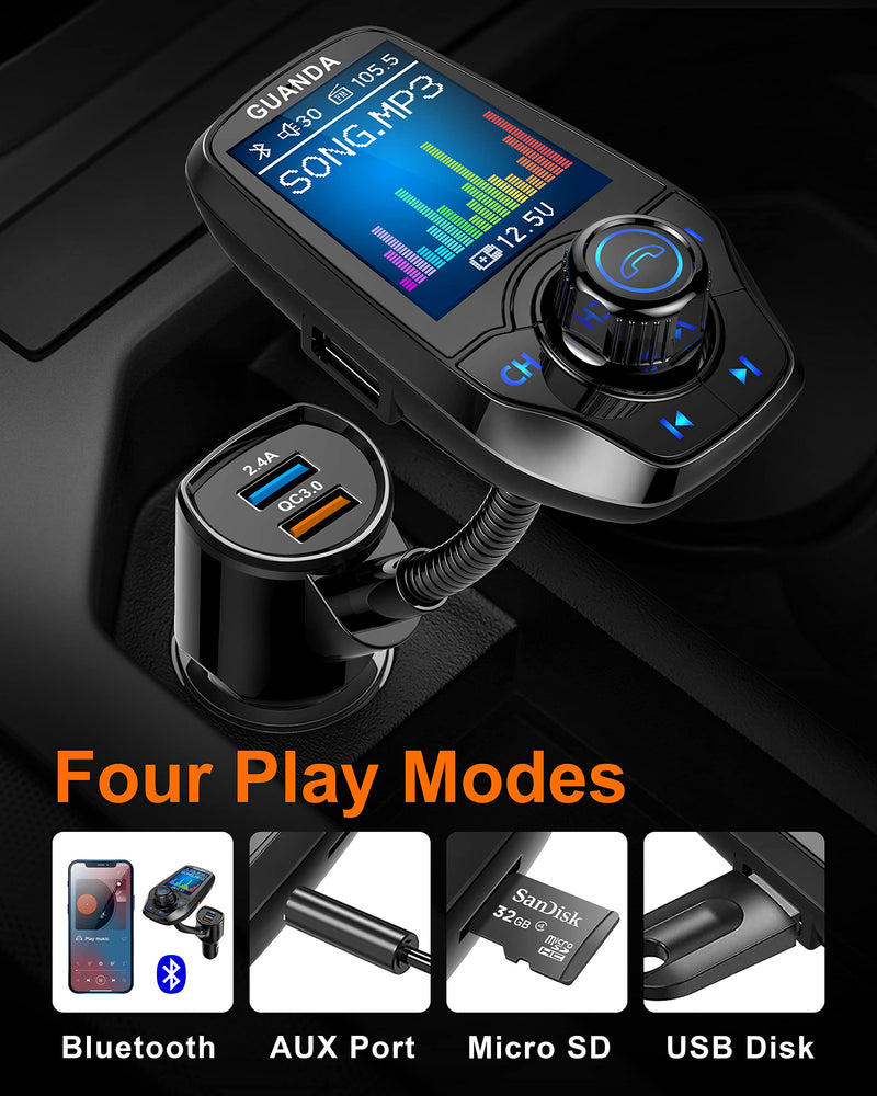 [Australia - AusPower] - Bluetooth FM Transmitter in-Car Wireless Radio Adapter Kit W 1.8" Color Display Hands-Free Call AUX in/Out SD/TF Card USB Charger QC3.0 for All Smartphones Audio Players - RM100 Black Large Port-USB A 