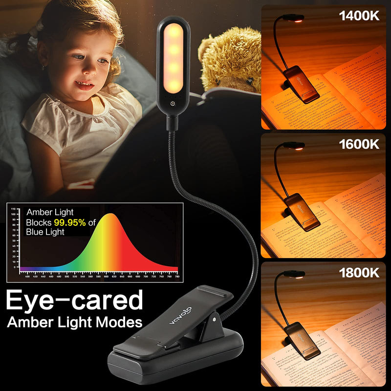 [Australia - AusPower] - VAVOFO Amber Rechargeable Book Lights, Blue Light Blocking Reading Lights, 7 LEDs Eye Care 9 Colors 9 Brightness Clip On for Bookworms with Power Indicator Lasting 70h (2-Pack, Black) 2-Pack Black 