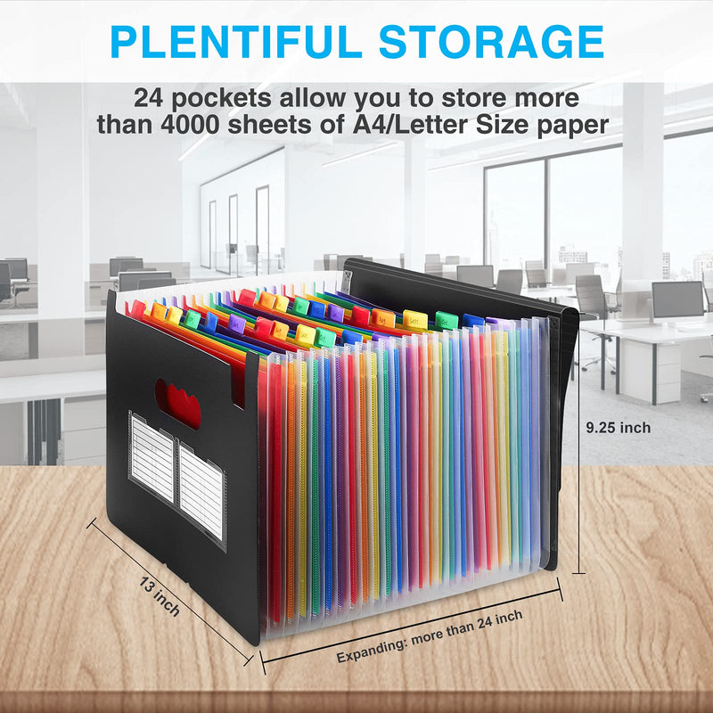 [Australia - AusPower] - Sooez 24 Pockets Expanding File Folder with Blank Labels, According File Organizer with Expandable Cover, Desktop Accordion Folders Letter A4 Paper Document Storage Organizer, Black 