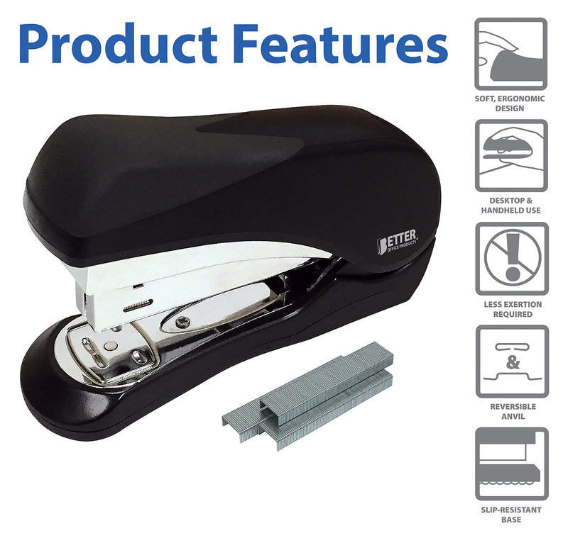 [Australia - AusPower] - Heavy Duty Easy Grip Stapler, Effortless, with 1,000 Regular 1/4" Staples, High Capacity Compact Palm of Your Hand Size, Ergonomic Soft Grip, Better Office Products 