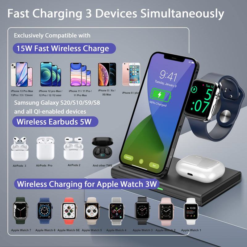 [Australia - AusPower] - 3 in 1 Wireless Charging Station DINTO Foldable Wireless Charging Stand for Apple iWatch SE Series Airpods Pro, Cell Phone Wireless Charger Charging Dock Pad for iPhone 13/12 Pro Max/11 Series/XS/XR Black 