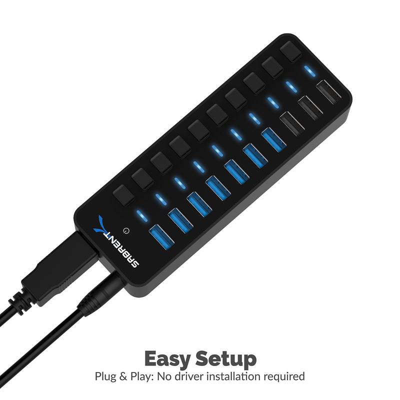 [Australia - AusPower] - SABRENT 60W 10-Port USB 3.0 Hub Includes 3 Smart Charging Ports with Individual Power Switches and LEDs and 60W 12V/5A Power Adapter (HB-B7C3) 7 + 3 Charging Ports 