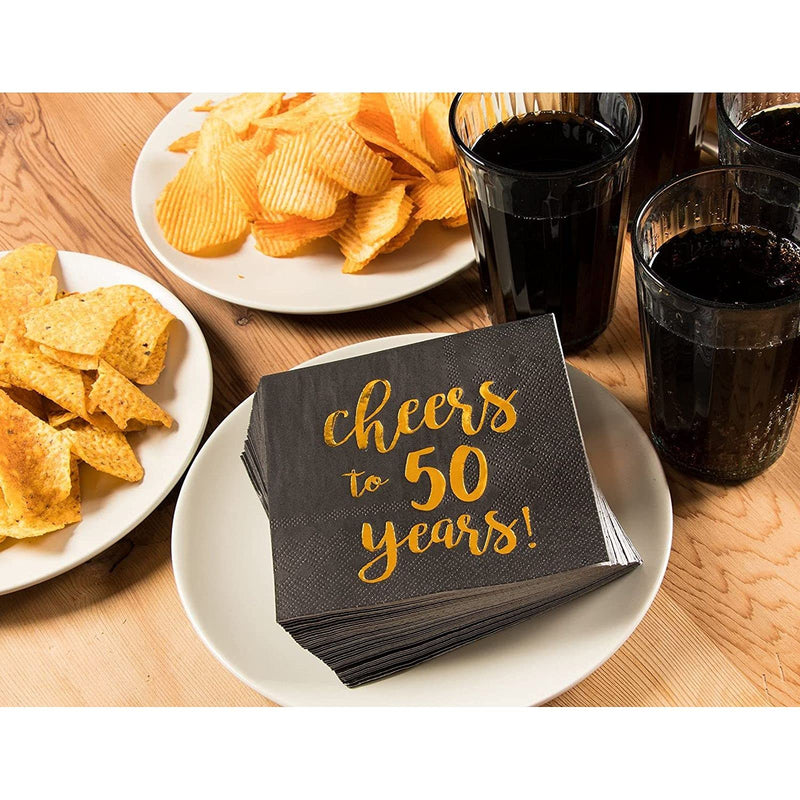 [Australia - AusPower] - Cocktail Napkins - 50-Pack Luncheon Napkins, Disposable Paper Napkins Party Supplies for Birthday, Anniversary, 3-Ply, Cheers to 50 Years Design, Unfolded 10 x 10 inches, Folded 5 x 5 inches 