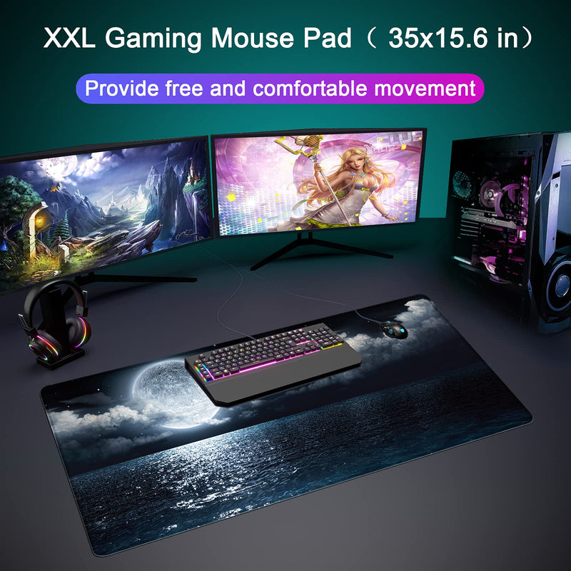 [Australia - AusPower] - Desk Mat,Large Mouse Pad 35''×15.6''×0.12'' XXL Extended Gaming Mouse Pad Mat with Non-Slip Base Stitched Eges Mousepad for Computer,Office,Keyboard and Laptop - Moon Ocean A-Moon Ocean 