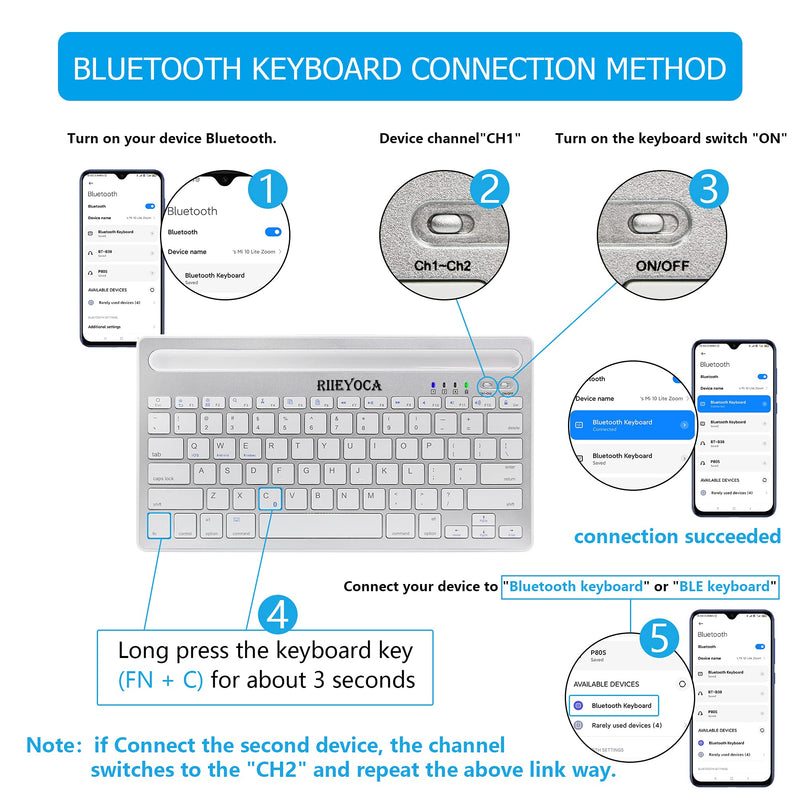 [Australia - AusPower] - RIIEYOCA Multi-Devcie Bluetooth Keyboard, Dual Mode & Rechargeable Slim Wireless Keyboard, Switch to 2 Devices (Silver White) 