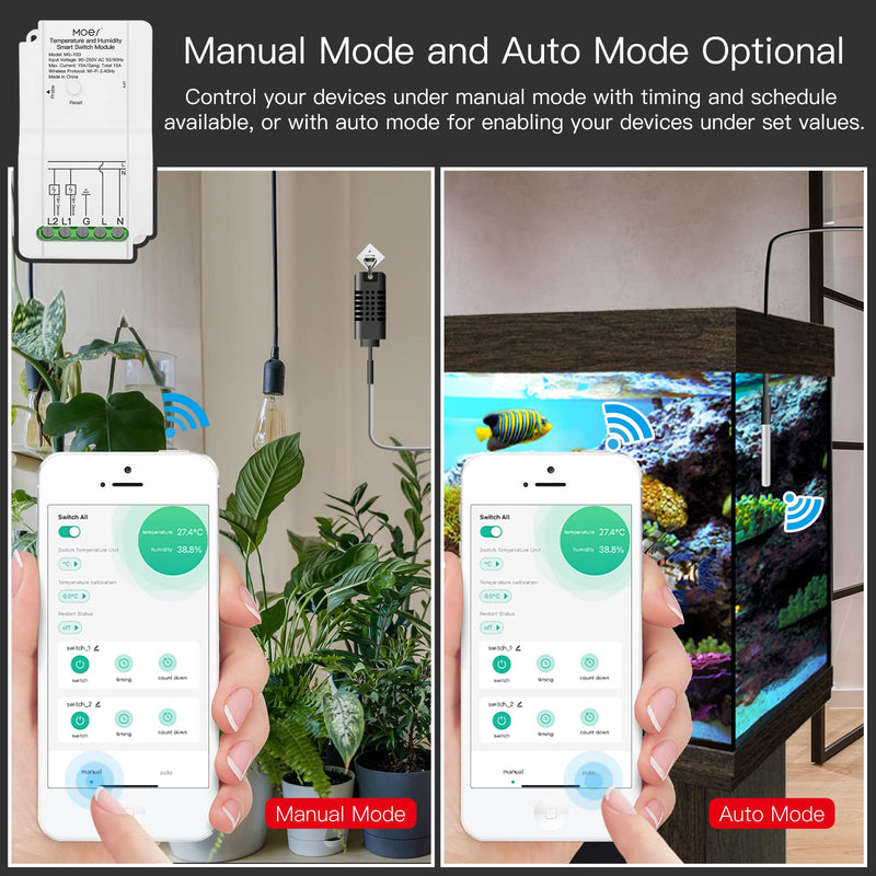 [Australia - AusPower] - MOES WiFi Smart Temperature and Humidity Switch Module Sensor, Dual Relay Output Controller, Smart Life Tuya App Wireless Remote Control, Programmable Thermostats Kit Works with Alexa Google Home Switch Module + Temperature and Humidity Probe 