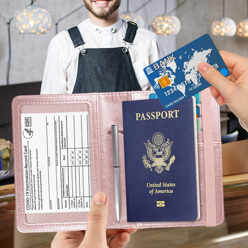 [Australia - AusPower] - ACdream Passport and Vaccine Card Holder Combo, Cover Case with CDC Vaccination Card Slot, Leather Travel Documents Organizer Protector, with RFID Blocking, for Women and Men, Rose Gold AA-Rose Gold 
