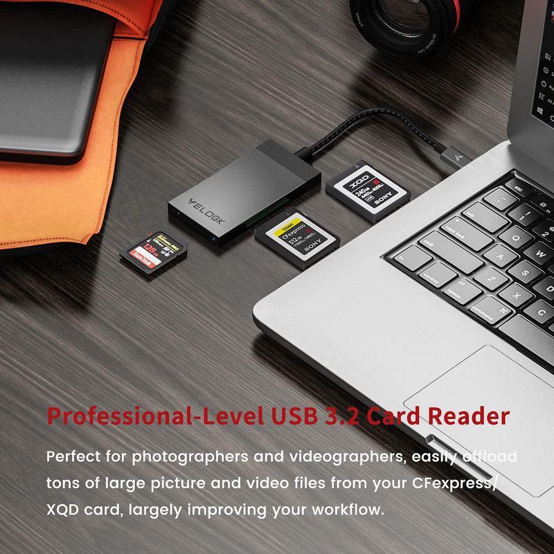 [Australia - AusPower] - 3-in-1 CFexpress/XQD/SD Card Reader USB C, VELOGK Dual-Slot USB 3.2(10Gbps) CFexpress Type B Card Reader Adapter compatible with Android/Windows/Mac OS/Linux, with Brushed Aluminum Case&Portable Pouch 