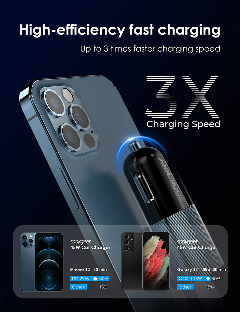 [Australia - AusPower] - Car Charger Sookgeer Car Charger Adapter USB Car Charger 45W Fast Charging USB C Car Charger Car Phone Charger USB A-C Cable[3.3ft] Compatible with iPhone 13/12/11pro/8/7 Samsung Galaxy s21/s20/s10+ 