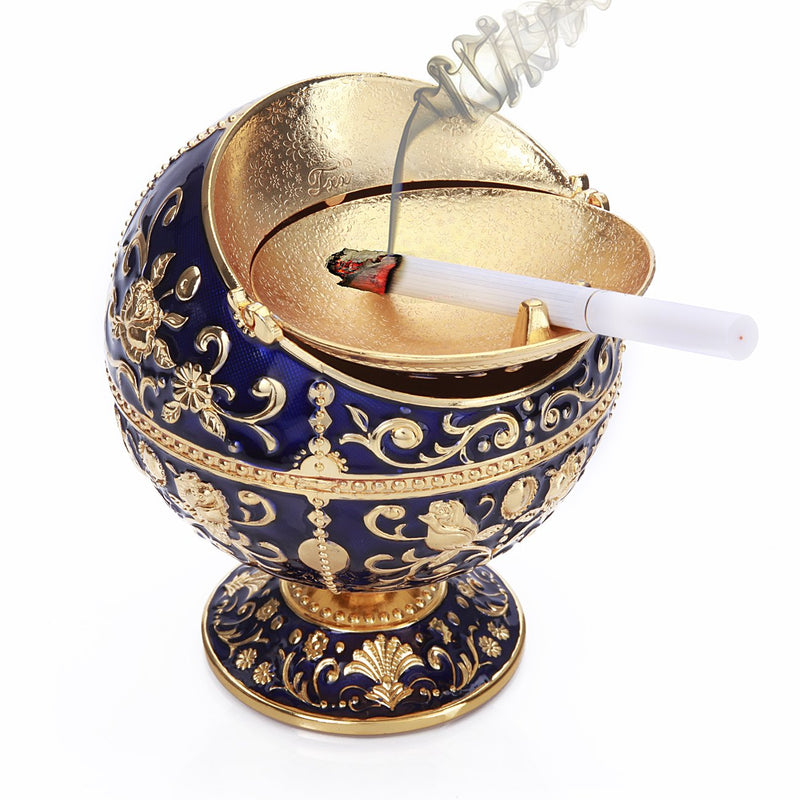 [Australia - AusPower] - K COOL Windproof Ashtray with Lid Metal Portable Cigarettes Ashtray for Outdoors Indoors Hand Stamped Pattern Smoking Ashtray Fancy Gift for Men Women(Navy Blue) Navy Blue 